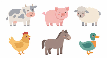 Obraz premium Cute Farm Animals Vector Set, Flat Cartoon Cow, Pig, Sheep, Horse, Duck, Chicken Clipart Isolated on White Background for Toddlers Education
