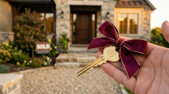 Hand holding keys with bow in front of sold house.