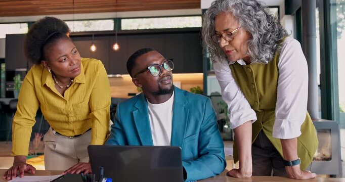 Creative, team and meeting with laptop for campaign planning, proposal and competitor analysis. Marketing manager, people and tech at agency for design review, project management and brand strategy