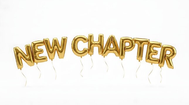 Golden foil balloon letters spelling new chapter against a bright white background