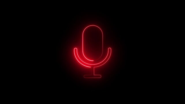 Glowing Red Neon Microphone Icon for Voice Search and Audio Record on Black Background