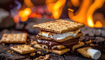 Fototapeta premium Toasted mores with marshmallow chocolate and graham crackers, cozy autumn campfire
