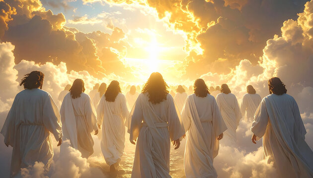 Group of people in white robes walking towards a bright heavenly light in the sky among the clouds