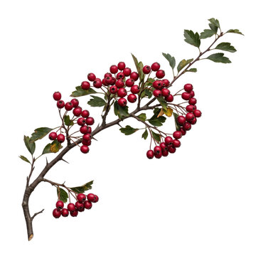 Autumn hawthorn berry branch with dark green leaves on transparent background