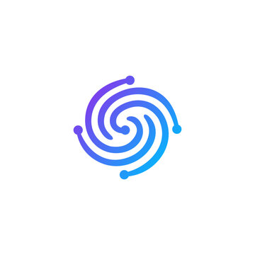 Abstract spiral network logo with connected nodes and dynamic circular motion, suitable for technology, AI, data, digital, innovation, and communication brands.