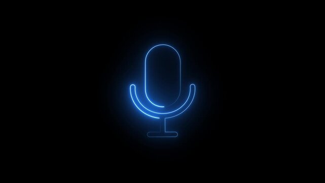 Glowing Blue Neon Microphone Icon for Voice Search and Audio Record on Black Background
