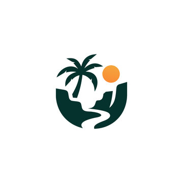 Nature-inspired hand logo holding a tropical landscape with palm tree and sun, suitable for eco travel, resorts, conservation, and sustainable tourism.