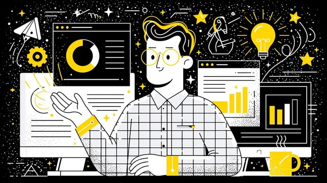 Professional data analyst gestures toward digital charts and graphs while wearing glasses in this modern black and yellow flat illustration