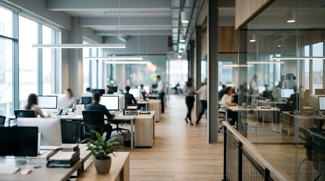 Modern open plan office interior with diverse professional team working at desks