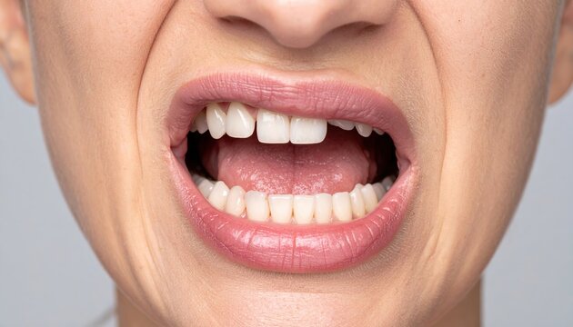 Woman showing broken front tooth with visible dental injury requiring urgent treatment