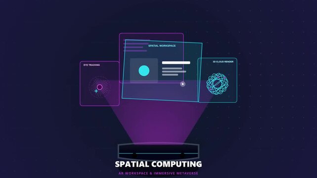 An animated digital visualization showcasing modern spatial computing interface technology with holographic user display panels and interactive data graphics
