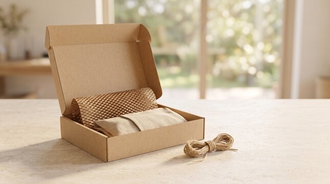 Open brown cardboard package with protective wrap and twine on a table shipping box eco friendly paper packaging parcel delivery small package delivery