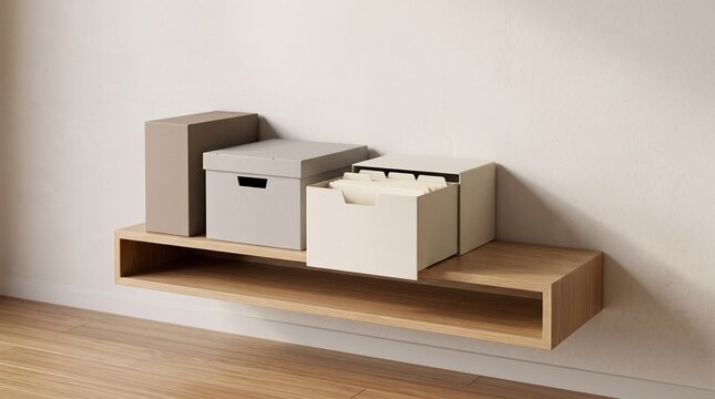 Modern wooden wall shelf holding organized storage boxes in a clean room with home storage modern interior office organization interior decor wall unit