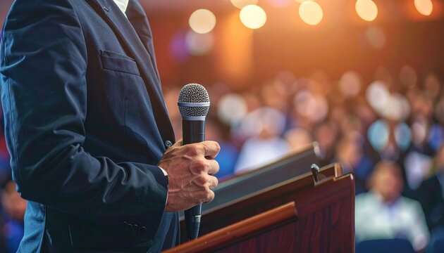 Speaker holding microphone at conference podium, public speaking and professional presentation