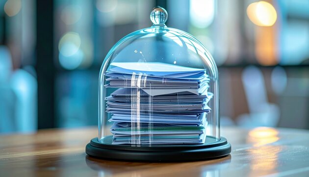 Sensitive documents protected beneath clear glass dome, representing confidentiality and data privacy