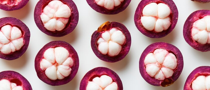 Set of thinly sliced mangosteen showing purple rind and white segments, flat lay, pure white background