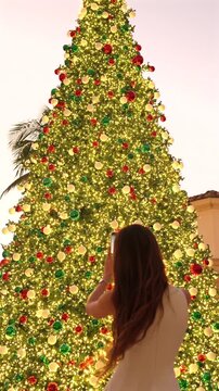 Woman in white dress photographing a glowing Christmas tree in West Palm Beach