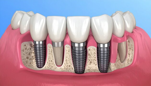Dental implants supporting a fixed bridge restoration in a cross section of the upper jaw and sinuses