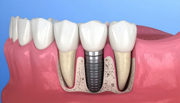 Dental implant integrating with jawbone tissue, osseointegration and healing process