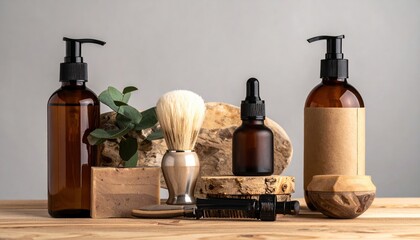 Men grooming products with razor and skincare bottles, modern masculine beauty concept