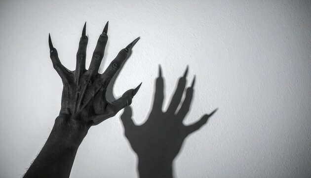 Monster shadow hand with long sharp claws on white wall, horror and fear concept