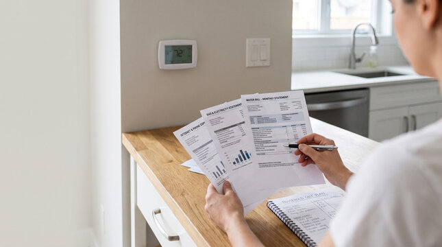 Person reviewing utility bills and financial documents in a home kitchen