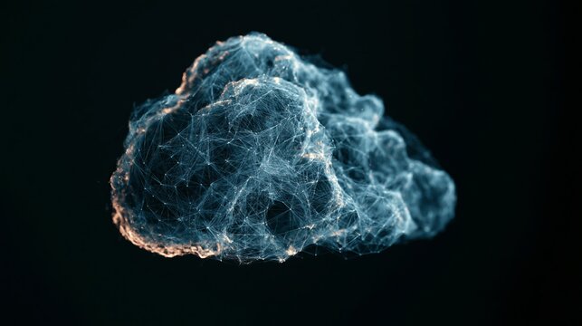 Digital cloud computing concept rendered with intricate glowing blue network connections and floating points isolated on a dark black background