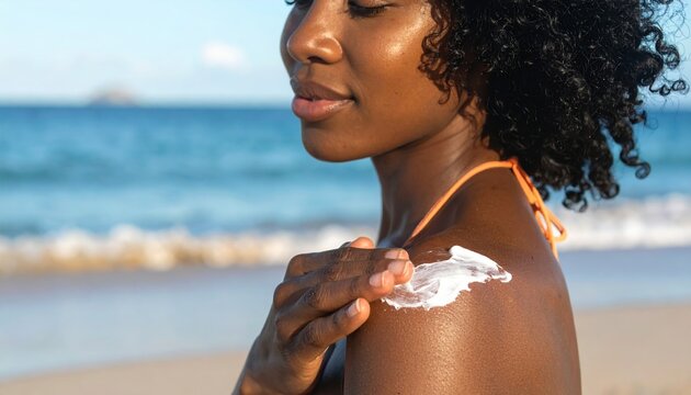 Woman applying sunscreen to shoulder on summer beach vacation, sun protection skincare