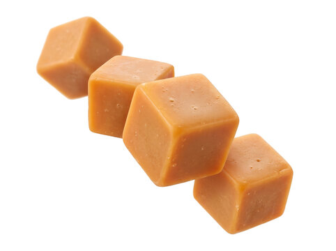 Four caramel cubes falling on black background with rich indulgence and gourmet candy theme, ideal for food styling in confectionery marketing and dessert menu design.