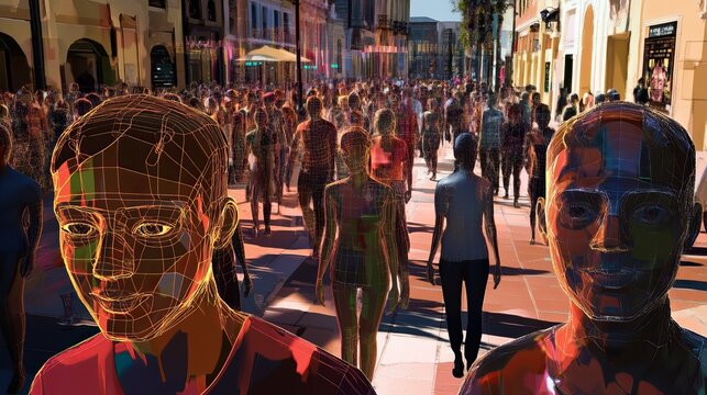 Glowing wireframe human face overlays a blurred city crowd scene, representing digital connection and futuristic urban lifestyle