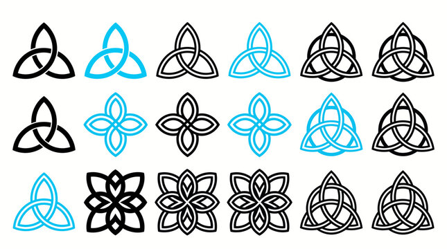 Set of blue and black celtic knot floral line art icons vector illustration isolated on white background for wellness yoga design