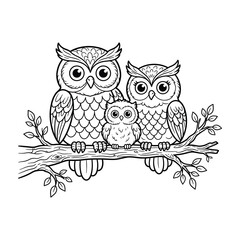 Fototapeta premium Owl Family Coloring Page: Adult and Baby Birds on Branch with Leaves for Kids Activity Book