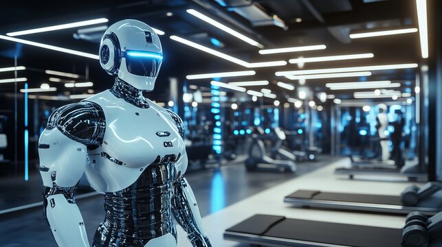 Futuristic robot stands confidently within a modern gym setting, showcasing technological progress and fitness concept