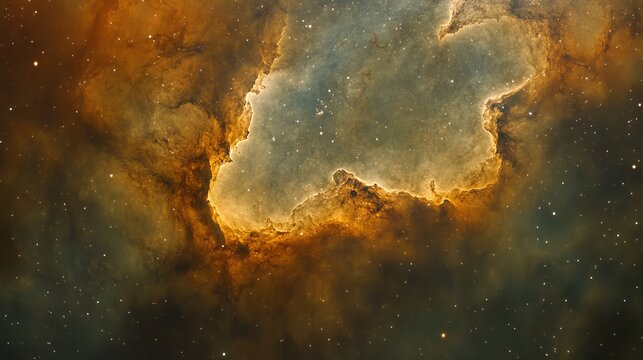Swirling cosmic dust cloud with warm amber, gold, and beige tones floats amidst a dark expanse, representing space