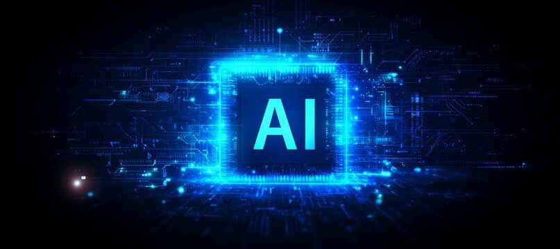 Digital Ai sign with glowing circuit network element effect. Generative video AI technology.	
