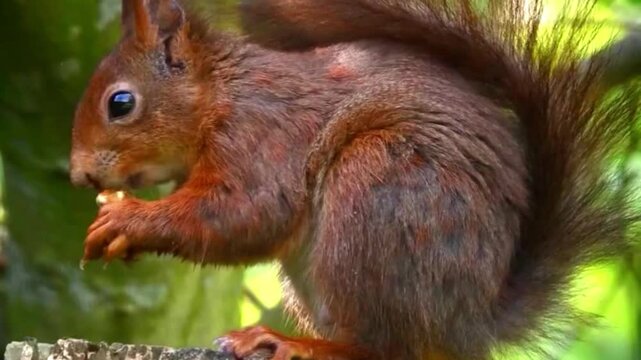 Red squirrel eating a nut while perched on a tree branch in a forest