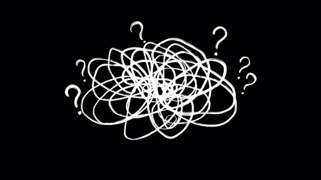 Animated Chaotic Thought Tangle with Question Marks Loop on Transparent Background. Mental confusion, brainstorming, complex problem solving, anxiety, and psychological distress.