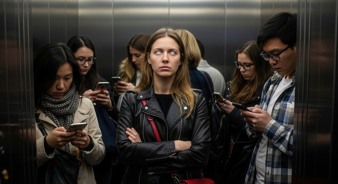 A crowded elevator full of people staring down at their smartphones while one woman with eerie glowing white eyes looks straight ahead with folded arms, creating a surreal and disconnected modern.