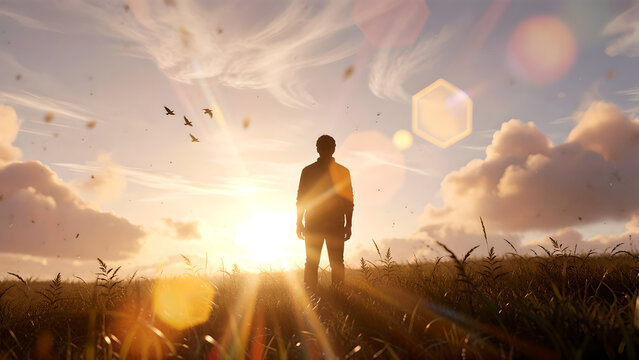 A silhouette of a man standing alone in a grassy field during a beautiful sunset.