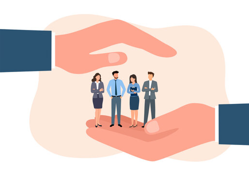 Helpful hands sheltering businesspeople, symbolizing teamwork, safety, and collaboration. Employee care concept. Flat vector illustration