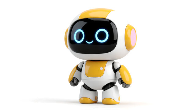A cute small yellow and white robot character standing on a white background.