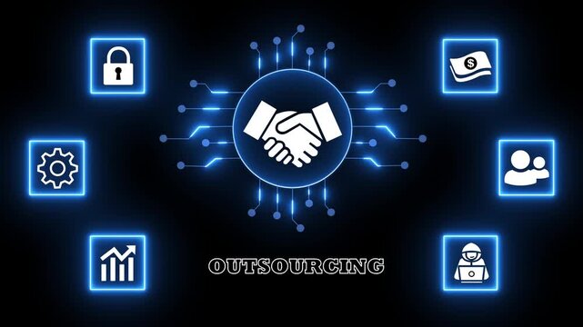 Outsourcing Digital Business Handshake Partnership Blue Technology Security Investment Neon Graphic Concept