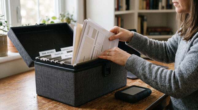 Woman organizing paper documents into a black file box on a wooden desk