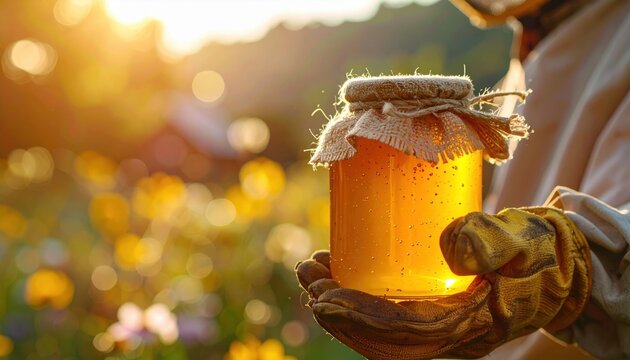 Beekeeper holding jar of golden organic honey, sustainable beekeeping and natural harvest