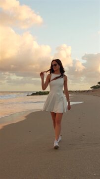 Woman in white dress walking on a beach in West Palm Beach