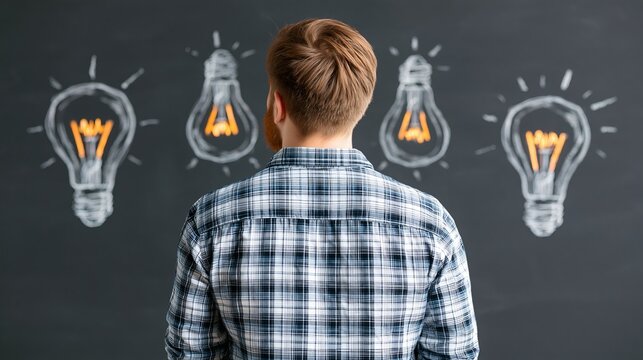 Focused young man looking at glowing light bulb drawings on black chalkboard background representing bright ideas and creative business innovation
