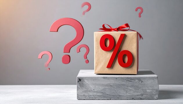 Mystery gift box on pedestal with question marks and percentage symbol, unknown prize or discount concept