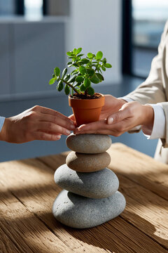 Two hands placing a small potted plant on a stack of smooth stones atop a wooden table in a modern indoor setting with natural light