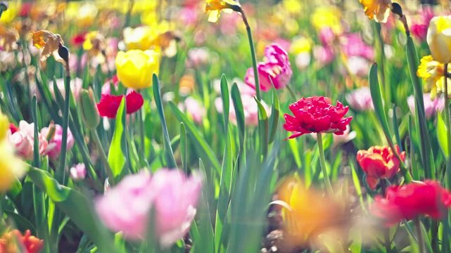 Colorful tulips and daffodils blooming in spring flowerbed.
