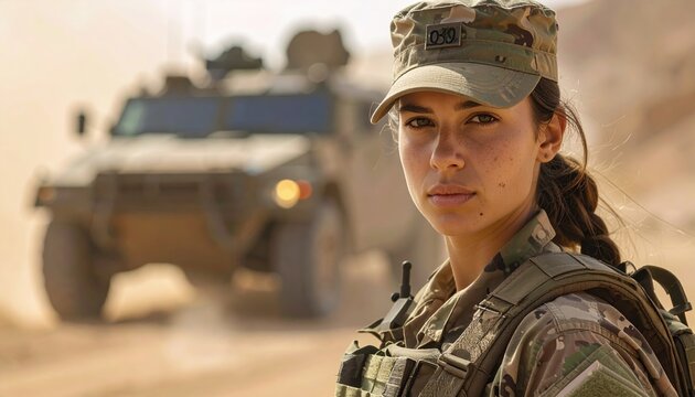 Soldier in camouflage uniform near armored vehicle in dusty combat environment